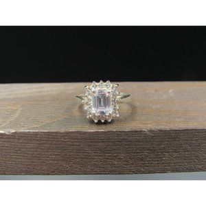Size 7.75 Sterling Silver Tarnished Face Emerald Cut CZ Halo Band Ring